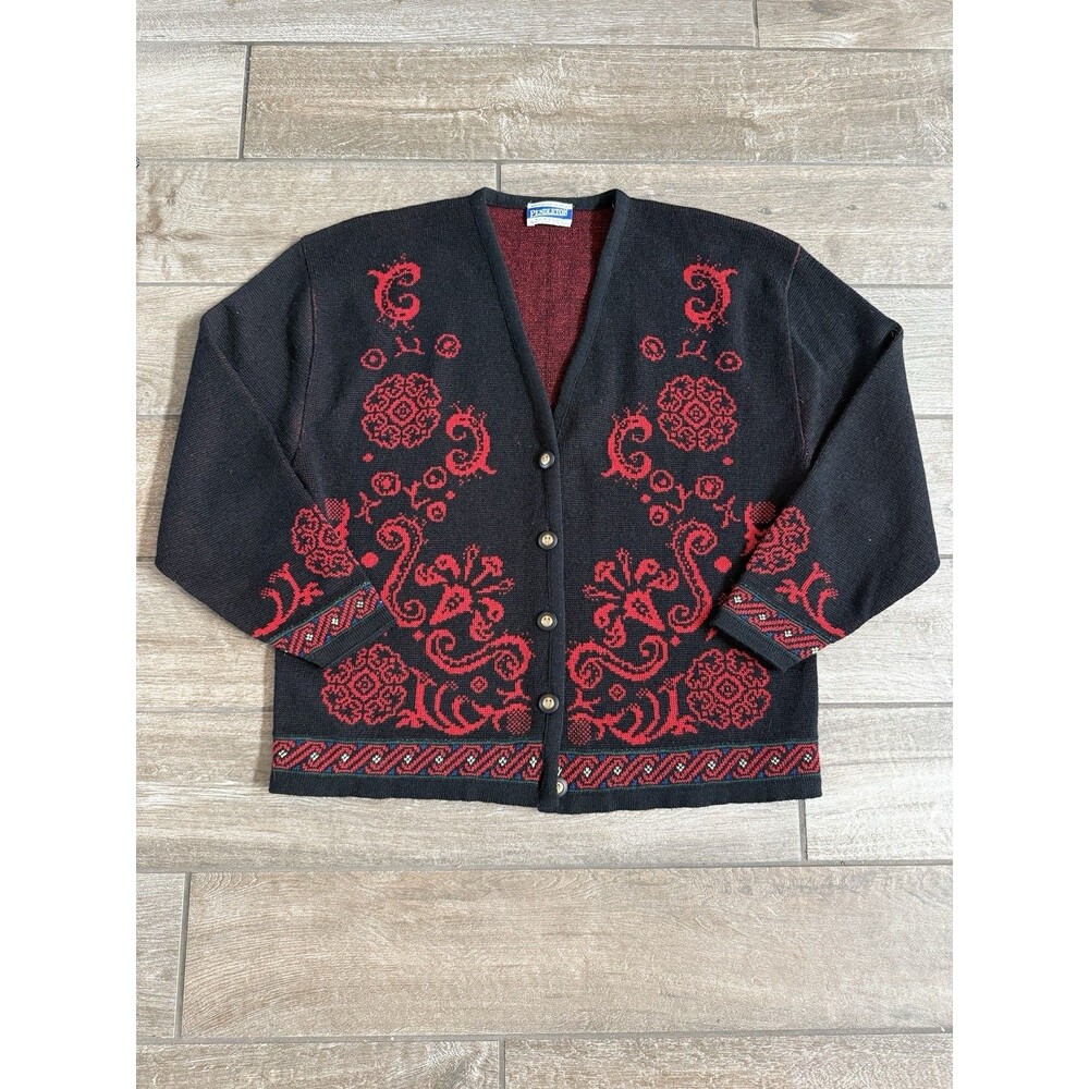 vtg Pendleton Virgin Wool cardigan womens xl black red floral Tight Knit